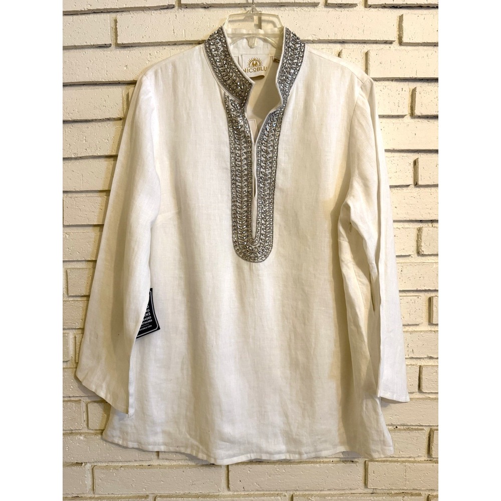 NicoBlu White Linen Georgiana Tunic Laurel Embellished Tunic Top XL Boho NEW